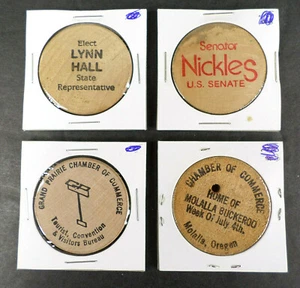 4 Vintage Political & Chamber Commerce Wooden Nickel Advertising Campaign Tokens - Picture 1 of 10
