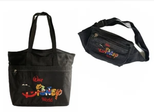 DISNEY RETRO TOTE BAG & FANNY PACK BLACK NYLON CHARACTER EMBROIDERY TRAVEL SET - Picture 1 of 10