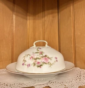 Antique Hutschenreuther Selb Moss Rose Bavaria Covered Butter Cheese Dish Pink F - Picture 1 of 8