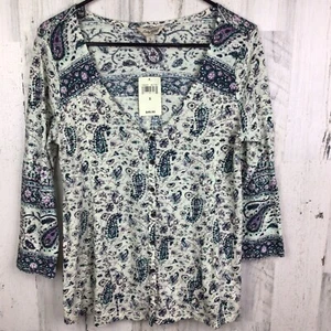 NWT Lucky Brand Women’s Paisley 3/4 Sleeve V Neck button up Blouse White S - Picture 1 of 8