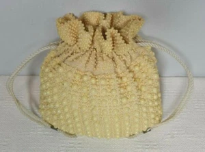 Beaded Off-White Plastic Purse Bag w/ Drawstring Closure BOHO Retro VTG Hippie - Picture 1 of 12