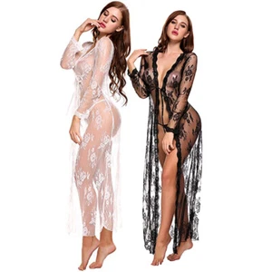 Sexy-Lingerie Women Lace Long Gown See Through Pajamas Robe Nightdress Chemise - Picture 1 of 37