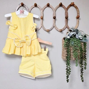 Handmade Yellow & White Gingham Tank Top & Shorts Set w/ Hair Bows Girls 4T/5 - Picture 1 of 5