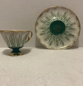 Vintage Teal Blue Teacup And Saucer Wheat Design Gold Edging - Picture 1 of 5