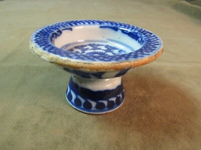 Antique Blue and White Porcelain Stemmed MINI Dish Chinese Hand Decorated China - Image 1 of 4