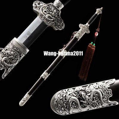 39'' Silver Dragon Damascus Folded Steel Chinese Sword Ebony Handmade Qing Jian - Image 1 of 4