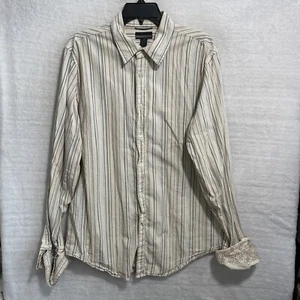 Guess Mens Button Shirt Beige Brown Stripe Large Cotton Flip Cuff Long Sleeve - Picture 1 of 8