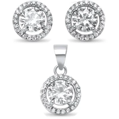 Round Halo Solitaire .925 Sterling Silver Earring and Pendant Set - Image 1 of 2