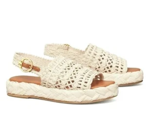 TORY BURCH RAFFIA ESPADRILLE SANDAL PLATFORM NATURAL/GOLD LOGO SZ US 9.5 NIB - Picture 1 of 12