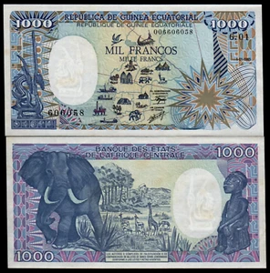 Equatorial Guinea 1000 FRANCS P-21 1985 Error Map ELEPHANT GIRAFFE UNC BANK NOTE - Picture 1 of 6