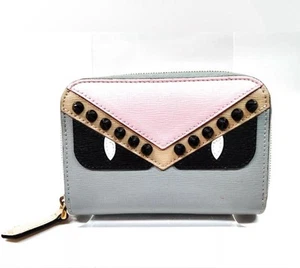 Fendi Zip Around Compact Wallet Monster Eye Leather Grigio Pearla Studded Auth - Picture 1 of 9