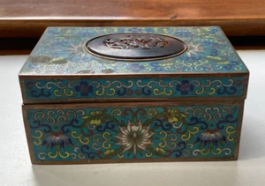 Chinese Cloisonne Wood Lined Box with Tortoise Shell Cartouche OLD!!! Exc Cond - Imagen 1 de 18