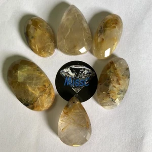 Job Lot 6 x Golden Rutilated Quartz Faceted Cabochons, drilled, all Natural - Picture 1 of 8