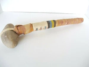 Native American Style Stone Club Weapon Rawhide Over Wood, Beads Feather - Picture 1 of 5
