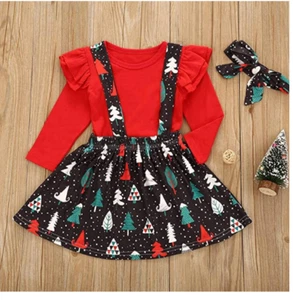 NEW Girls 3Pcs Christmas Tree Ruffle Sleeve T-Shirt Strap Dress With Headband - Picture 1 of 3