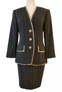 VTG Albert Nipon 2PC Black 100% Wool Metallic Striped Skirt Suit Sz 6 Union USA - Picture 1 of 17