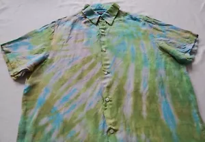 Tie Dye Green Blue Short Sleeve Button Up Shirt - XL Mens Spiral Hand Made Linen - Picture 1 of 7