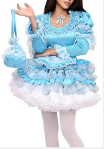 Girl Maid Sissy Lockable Blue Satin Dress cosplay costume Tailor-made - Picture 1 of 6
