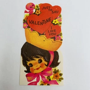 Vintage Valentinskarte Mädchen Kopf Korb Vogel rosa Schleife nur um Blumen zu sagen unbenutzt - Bild 1 von 4