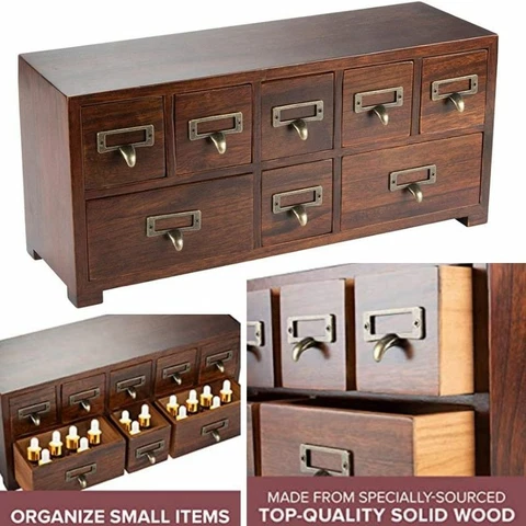 8 Drawers Wood Apothecary Medicine Cabinet Label Holder Card Catalog Organizer Cover