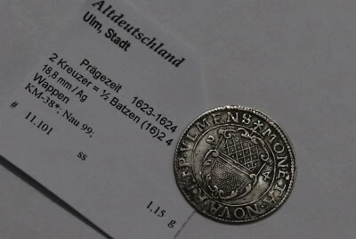 🧭 🇩🇪 GERMANY ULM 2 KREUZER 1624 SILVER SCARCE B79 #2983 - Image 1 of 2