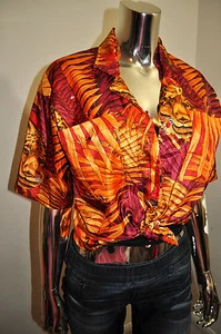 CAMISA RARA VINTAGE GAUDY CHIC AÑOS 80 COLOR AUDAZ TIGRE BOTÓN ABAJO CORBATA DELANTERA TALLA 6 - Imagen 1 de 10