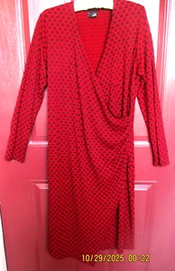 Lisa Bayne Faux Wickelkleid LARGE rot schwarz Druck lange Ärmel waschbar gebraucht, in einwandfreiem Zustand - Bild 1 von 5