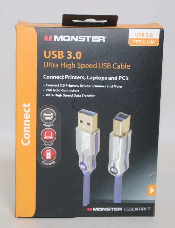 Monster Essentials USB 3.0 Ultra High Speed Cable – 7FT / 2.13M – BLUE – New - Image 1 of 4
