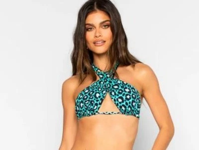 Top de bikini Beach Bunny Lex para mujer verde azulado leopardo cruzado halter talla mediana NUEVO Foto 1 de 4