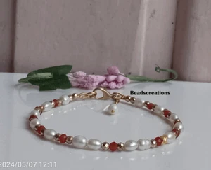 Natural White Pearl and Dark Carnelian Beads Bracelet Gift for  Everyone - Picture 1 of 5