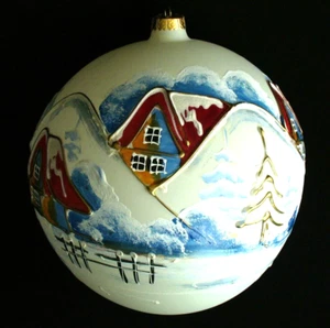 Vint~HAND PAINTED~Winter~CHRISTMAS BALL~Village Scene~9"~GLOBE~Raised Design~EC - Picture 1 of 20