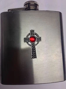 Interlaced Cross RED Gem CGC Pewter Emblem on a 6oz Stainless Steel Hip Flask - Picture 1 of 1