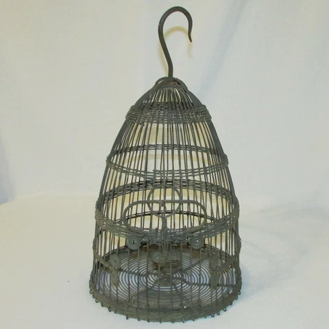 Vintage Beehive Shaped Wire Birdcage w/ Wrought Iron Hanging Hook & Sliding Door Cover