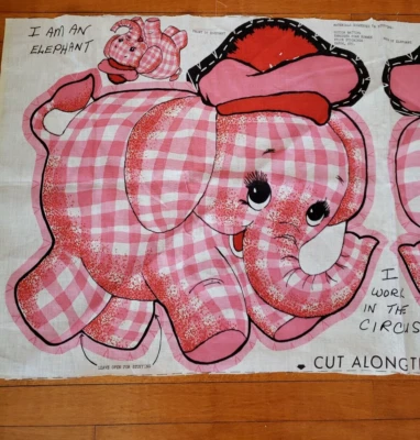 Vintage 1960s Pink Gingham Elephant Fabric Panel doll pillow cut n Sew Pattern - Image 1 of 4