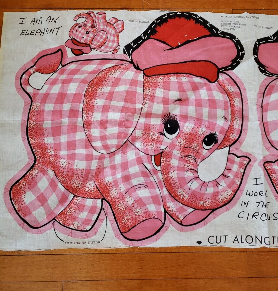 Vintage 1960s Pink Gingham Elephant Fabric Panel doll pillow cut n Sew Pattern - Image 1 of 4