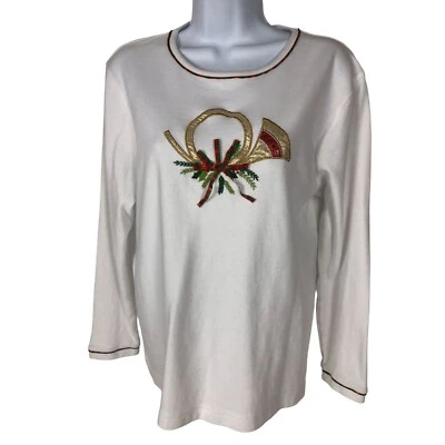 Mercer Street Studio WomensTop Size L Large Christmas Horn Holiday Long Sleeve - Image 1 of 4