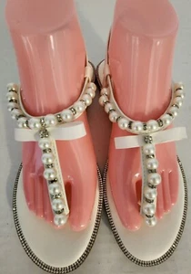 SheSole Size 7 (38) Ivory White Pearl Rhinestone Bling T Strap Sandal - Picture 1 of 6