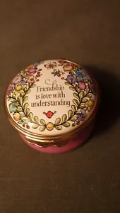 VINT ENGLISH HALCYON DAYS ENAMEL TRINKET BOX - FRIENDSHIP PROVERB - PINK FLORAL - Picture 1 of 8