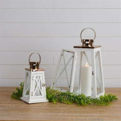 2 wood Lanterns with Rose Gold metal  tops in white wood - Image 1 of 3