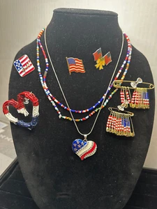 Patriotic Red/White/Blue 3 Necklaces, 6 Pins, One is a 9/11 Pin, Flags, Hearts - Picture 1 of 8