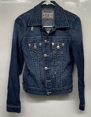 Chaqueta de camionero True Religion para mujer azul denim lavado medio botón delantero talla XS Foto 1 de 4