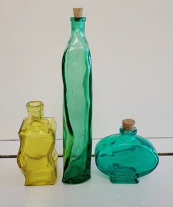 3 DECORATIVE GLASS BOTTLES GREEN YELLOW CURVED PINCHED ROUND 3.75 5.5 10.25 INCH - Picture 1 of 14