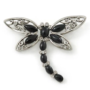 Silver Tone Filigree With Black Stone 'Dragonfly' Brooch - 70mm Width - Picture 1 of 6