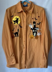 Vintage Karen Scott Sport Orange Halloween Blouse Embroidered Med Ghost Pumpkin - Picture 1 of 7