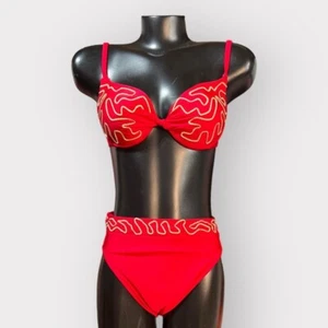 VINTAGE 80s NEW High Waisted Bikini Swim Suit Womens Large Red Gold Embellished - Picture 1 of 6