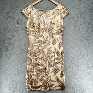 Adrianna Papell Women Beige Gold Sequined Knee-Length Sheath Dress 2 Sheer Lined - Picture 1 of 16