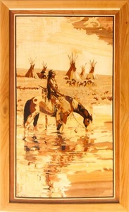 Indio nativo americano a caballo paisaje vintage estilo rústico incrustación de marquetería f - Imagen 1 de 14