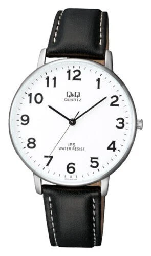 Q&Q Mens Classic Silver Tone White Dial Black Leather Strap Watch Water Res