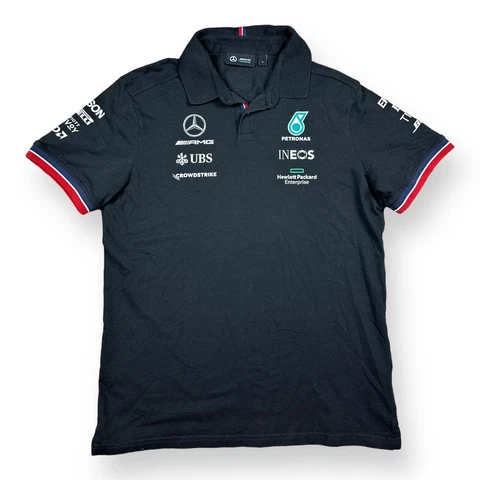 Mercedes AMG Men’s Large Petronas F1 Team Black Polo Shirt 2023 Sponsors Cover