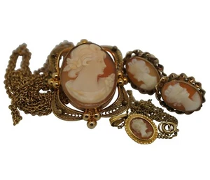 4 Piece Lot Carved Cameo Shell Pendants Earrings Necklaces Amco 12k Gold Filled - Picture 1 of 12